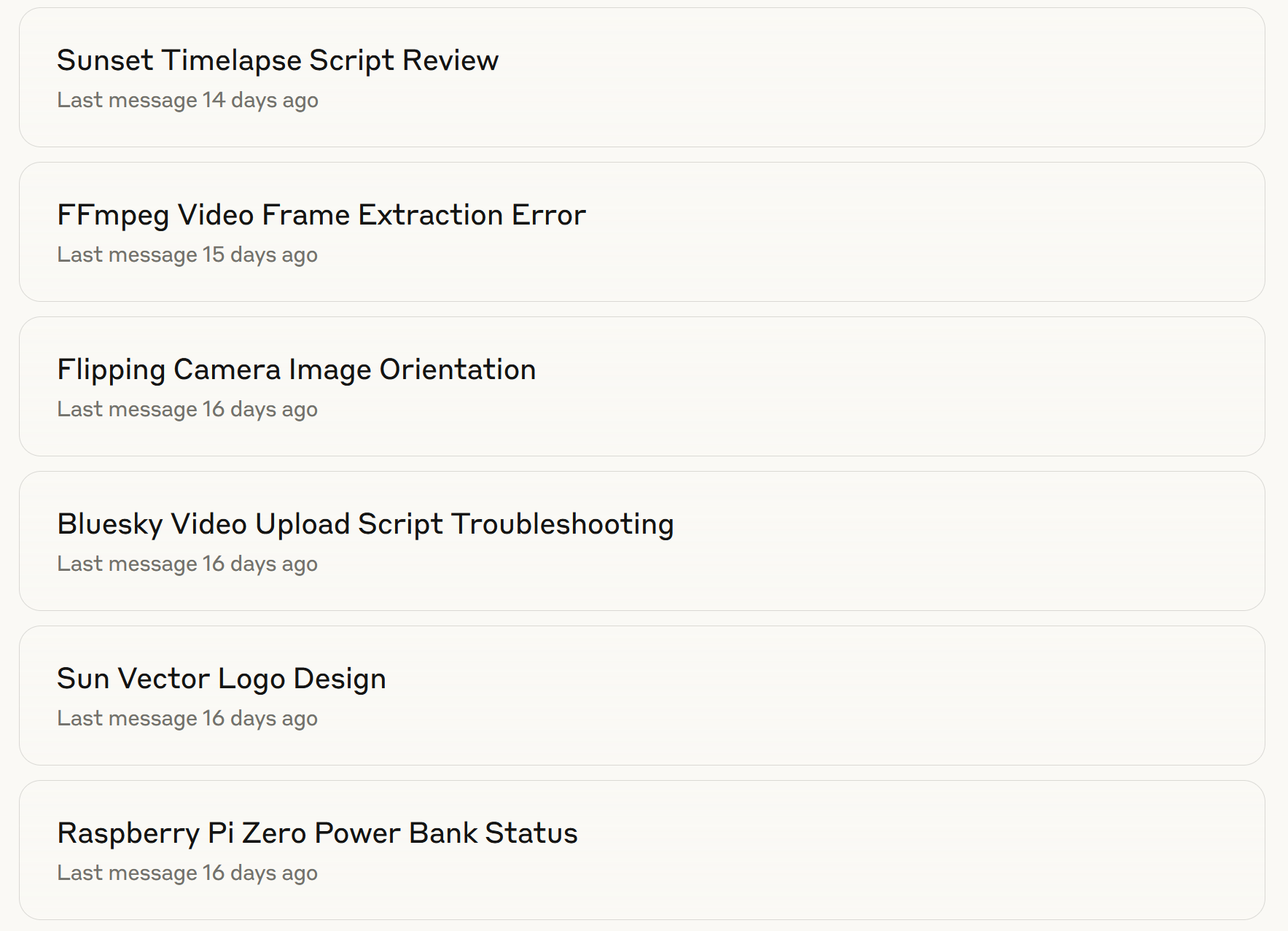 Screengrab of Claude chats with titles like flipping camera image orientation and sunset timelapse script review